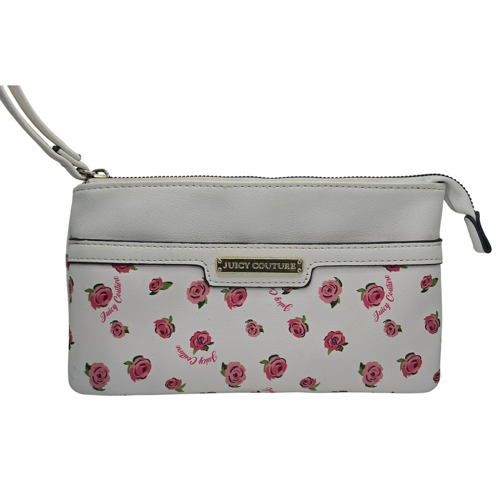 Juicy Couture White Floral Rose Wristlet Clutch Bag with Gold Logo Pink Details